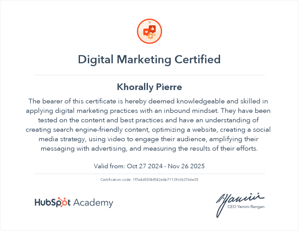 Khorally Pierre Digital Marketing Certification